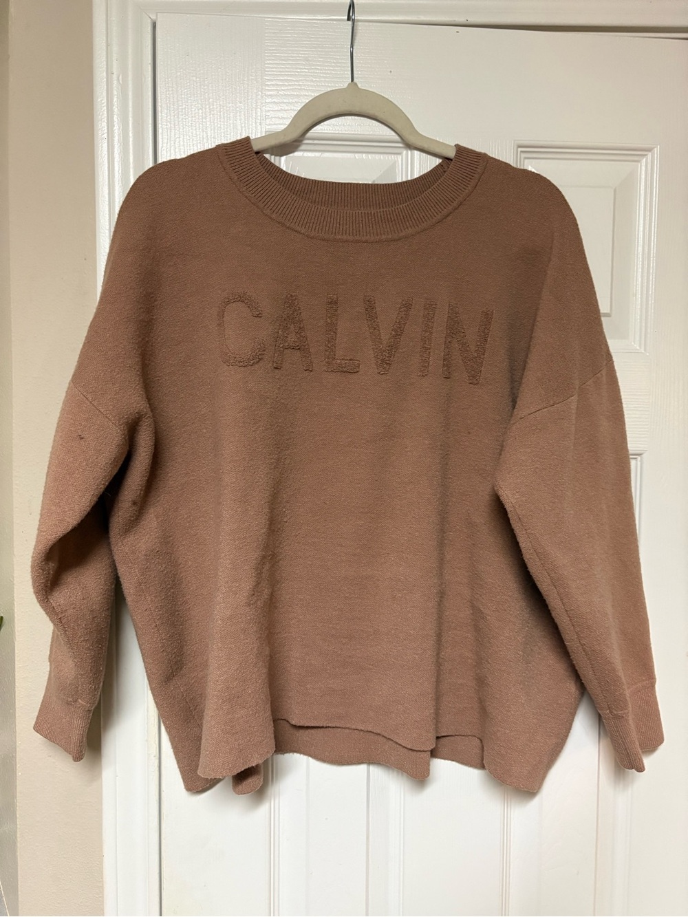 Calvin Klein Raised Boucle Spellout Crewneck Knit Sweater Tan Size XL